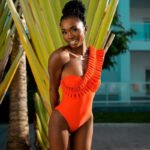 Ribbed Orange Sweetheart Ruffle One Shoulder Swimwear