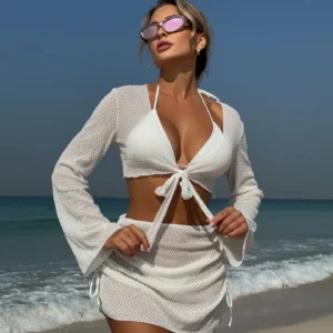 White Open Knit Long Sleeve Crop & Skirt Three Piece Bikini Set