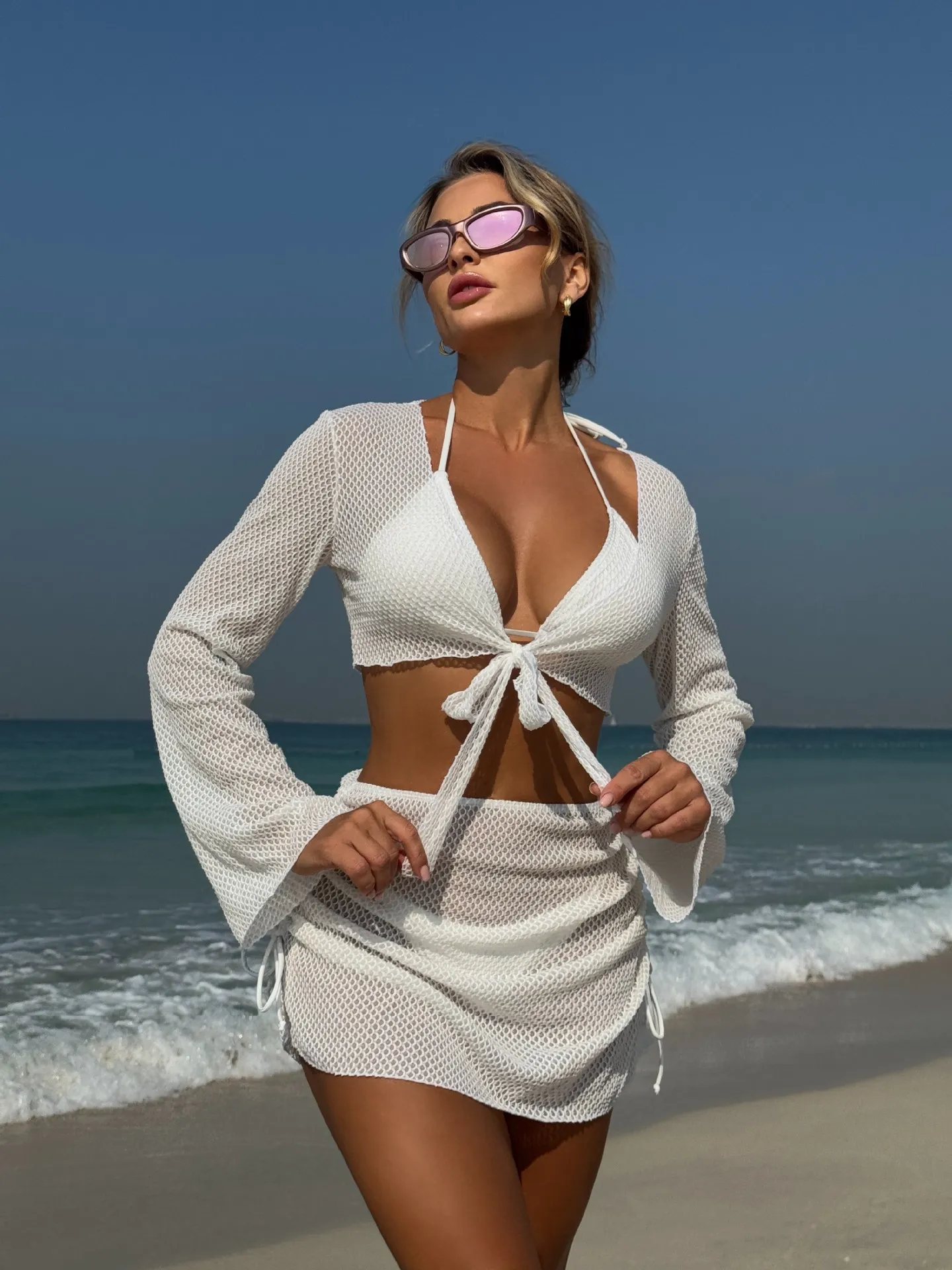 White Open Knit Long Sleeve Crop & Skirt Three Piece Bikini Set