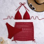 Burgundy Ribbed Triangle Bikini with Drawstring Skirt Three Piece Set