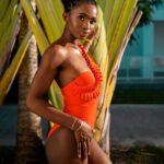 Ribbed Orange Sweetheart Ruffle One Shoulder Swimwear