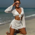 White Open Knit Long Sleeve Crop & Skirt Three Piece Bikini Set