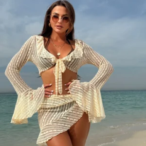 Beige Knit Ruffle Tie-Front Cover Up & Bikini Set Four Piece Set
