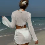 White Open Knit Long Sleeve Crop & Skirt Three Piece Bikini Set