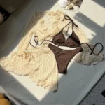 Beige Knit Ruffle Tie-Front Cover Up & Bikini Set Four Piece Set