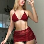 Burgundy Ribbed Triangle Bikini with Drawstring Skirt Three Piece Set