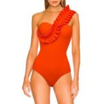 Ribbed Orange Sweetheart Ruffle One Shoulder Swimwear