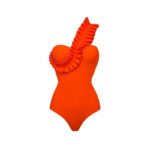Ribbed Orange Sweetheart Ruffle One Shoulder Swimwear
