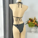 Black Stripped Three Piece Swimwear Set