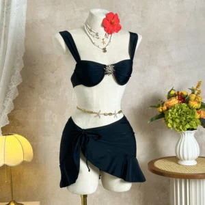 Ruched Charcoal Three Piece Swimwear Set