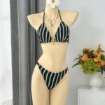 Black Stripped Three Piece Swimwear Set