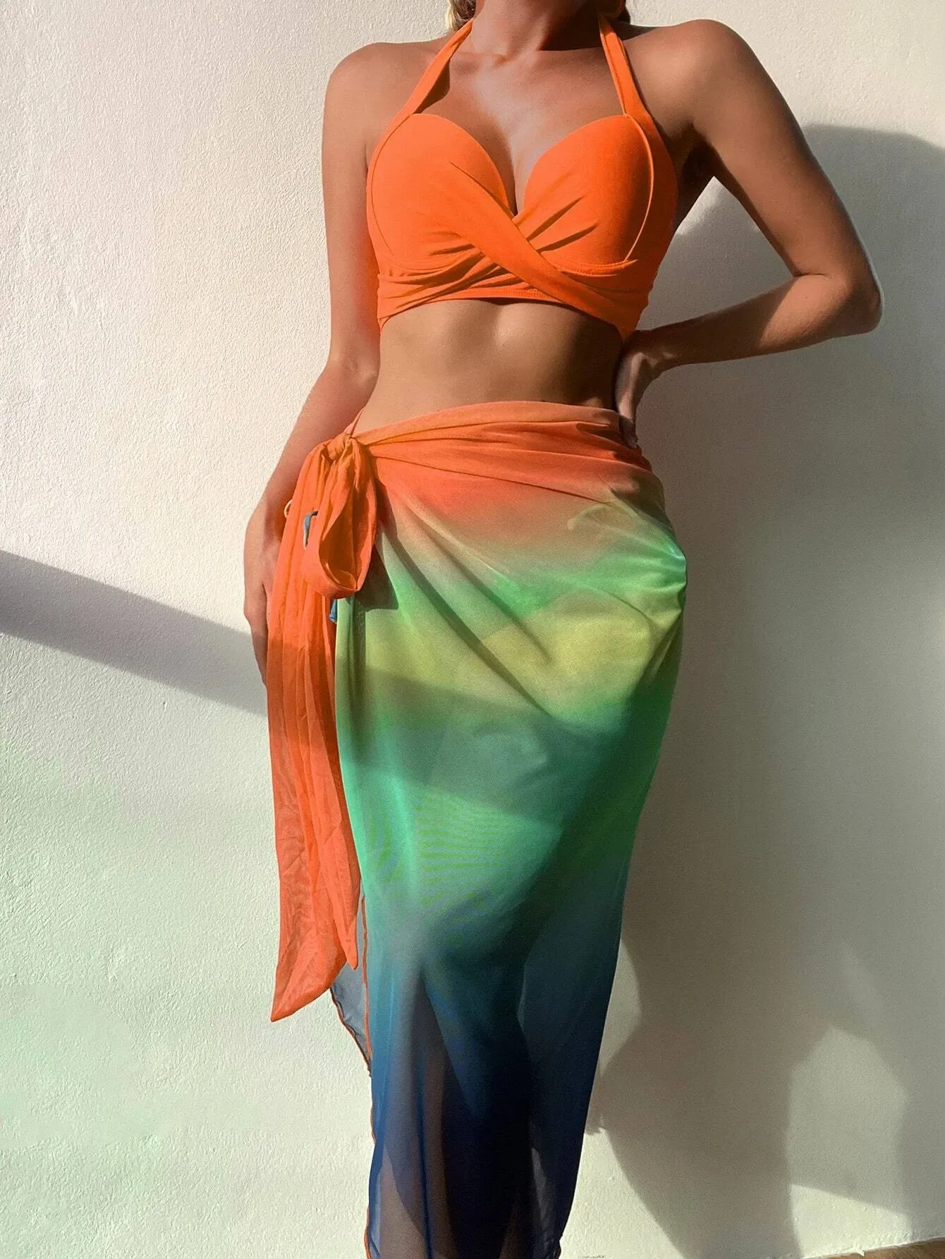 Orange Ombre Three Piece Swimwear Set