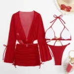 Rust Red Gold Ring Triangle Bikini With Long Sleeve Shrug & Skirt Four Piece Set