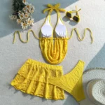 Canary Yellow Deep-v Halter & Frill Skirt Swimwear Set