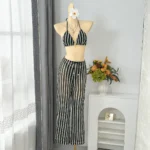 Black Stripped Three Piece Swimwear Set