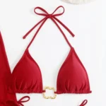 Rust Red Gold Ring Triangle Bikini With Long Sleeve Shrug & Skirt Four Piece Set