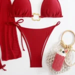 Rust Red Gold Ring Triangle Bikini With Long Sleeve Shrug & Skirt Four Piece Set