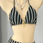 Black Stripped Three Piece Swimwear Set